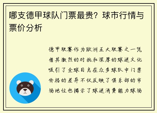 哪支德甲球队门票最贵？球市行情与票价分析